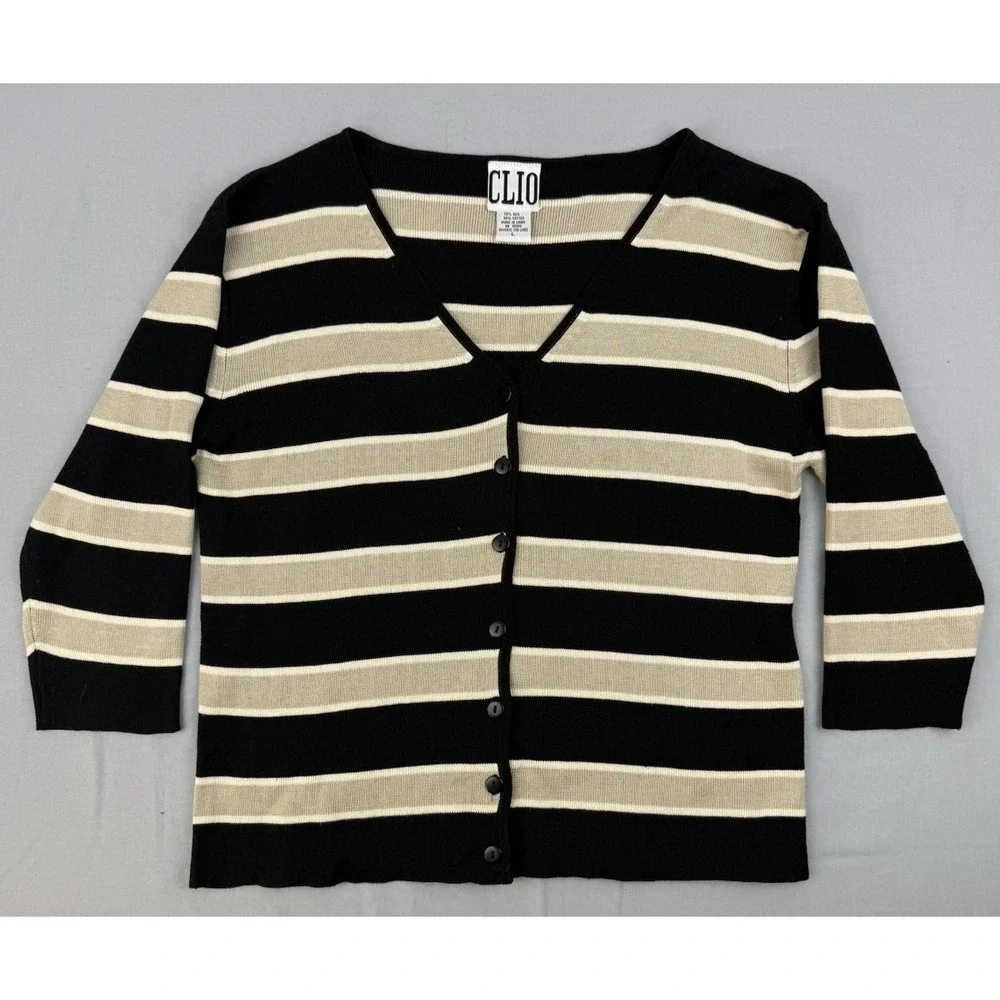 Minimalist Striped Cardigan Silk Cotton V-Neck Large Clio